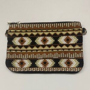 Embroidered Leather Clutch Bag - Brown and Gold 8.5” x 5.5”